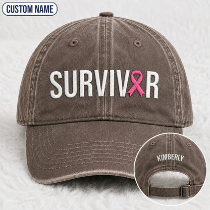 Personalized Survivor Pink Ribbon Embroidered Washed Cap, Awareness Gift
