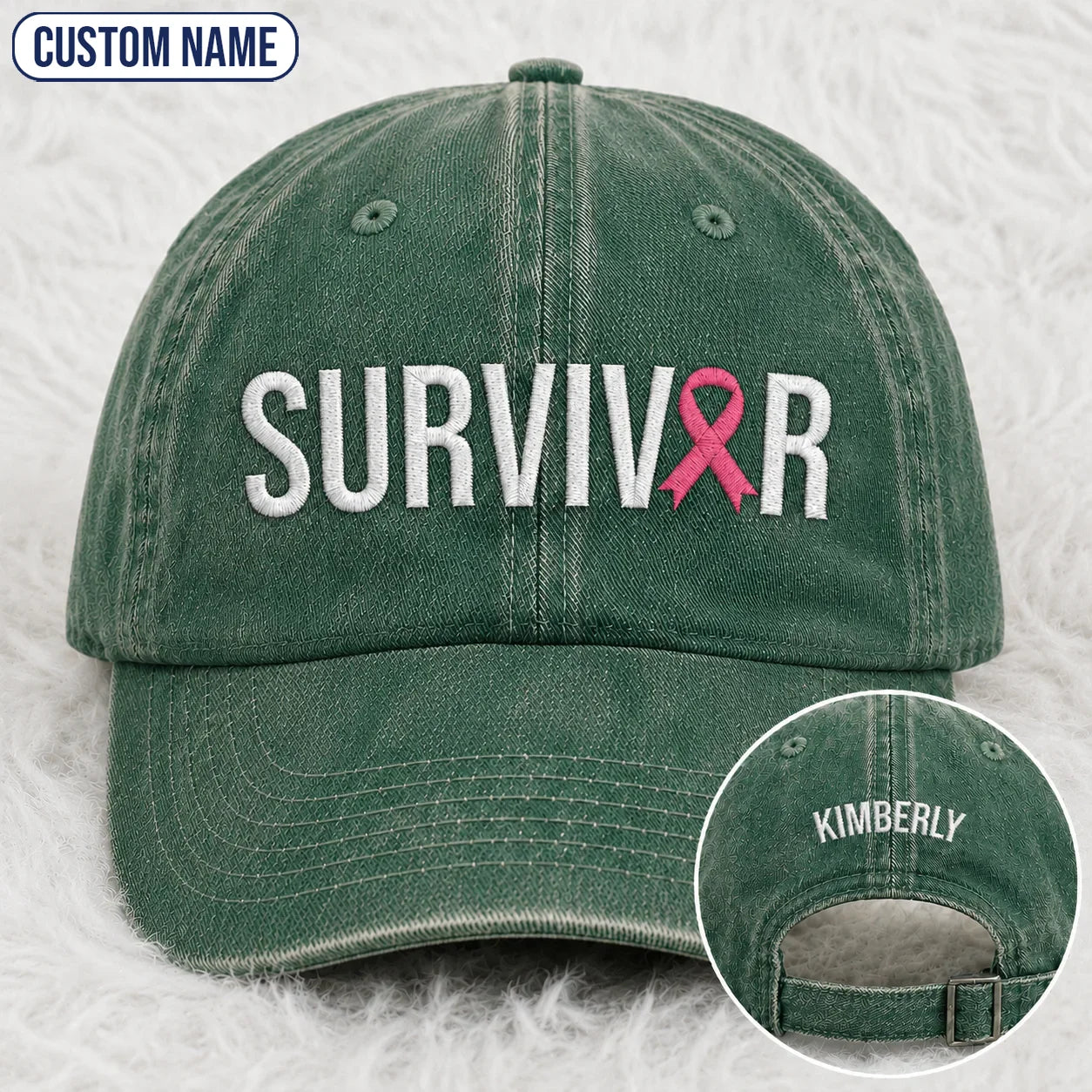 Personalized Survivor Pink Ribbon Embroidered Washed Cap, Awareness Gift