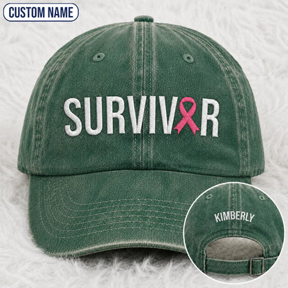Personalized Survivor Pink Ribbon Embroidered Washed Cap, Awareness Gift
