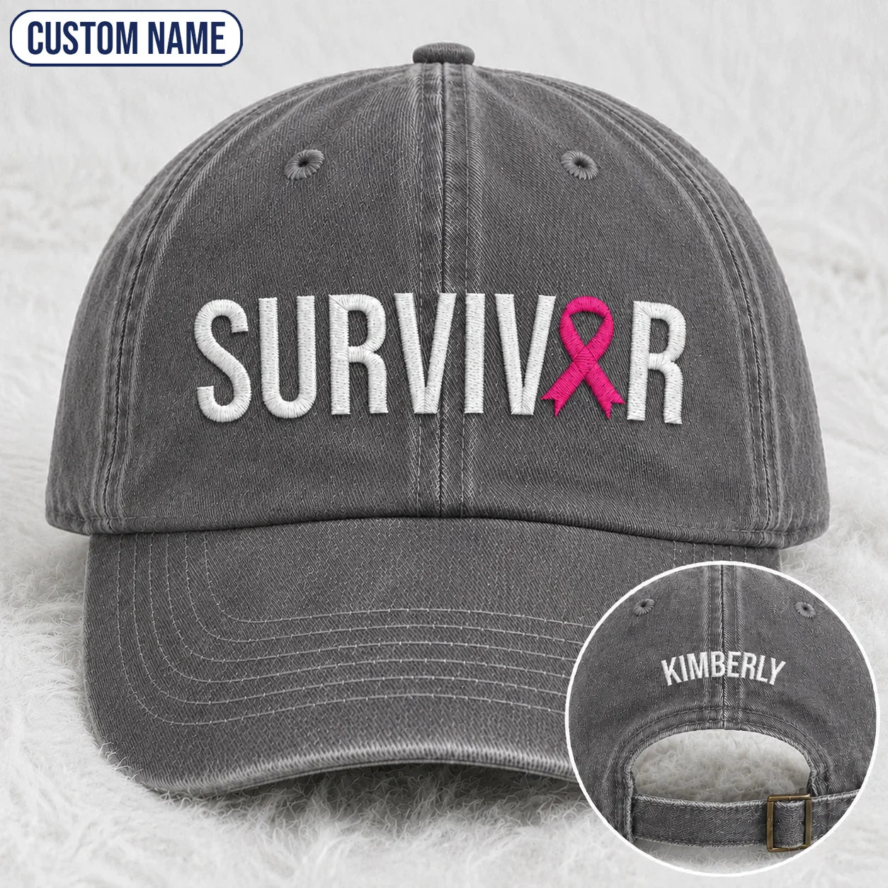 Personalized Survivor Pink Ribbon Embroidered Washed Cap, Awareness Gift