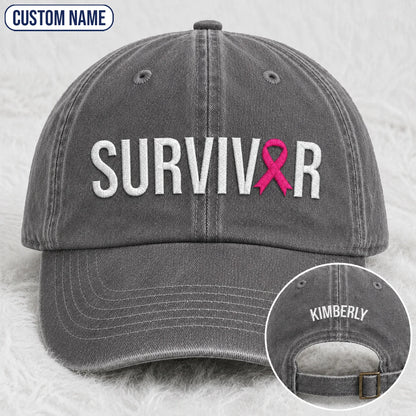 Personalized Survivor Pink Ribbon Embroidered Washed Cap, Awareness Gift