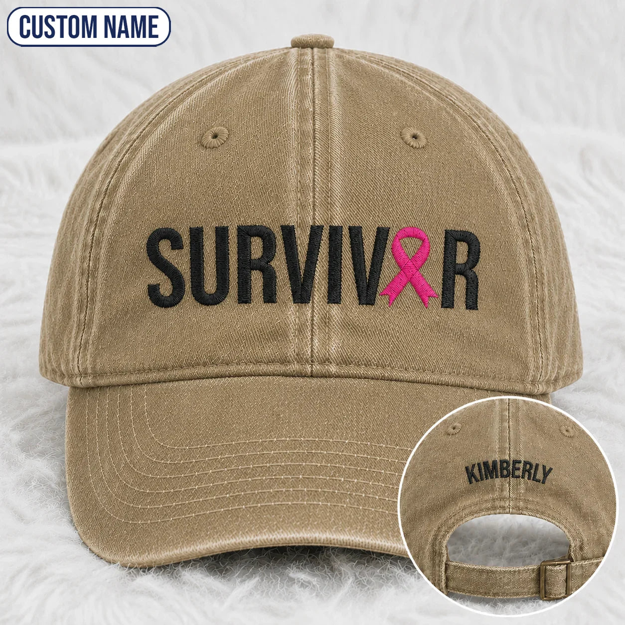 Personalized Survivor Pink Ribbon Embroidered Washed Cap, Awareness Gift
