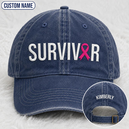Personalized Survivor Pink Ribbon Embroidered Washed Cap, Awareness Gift