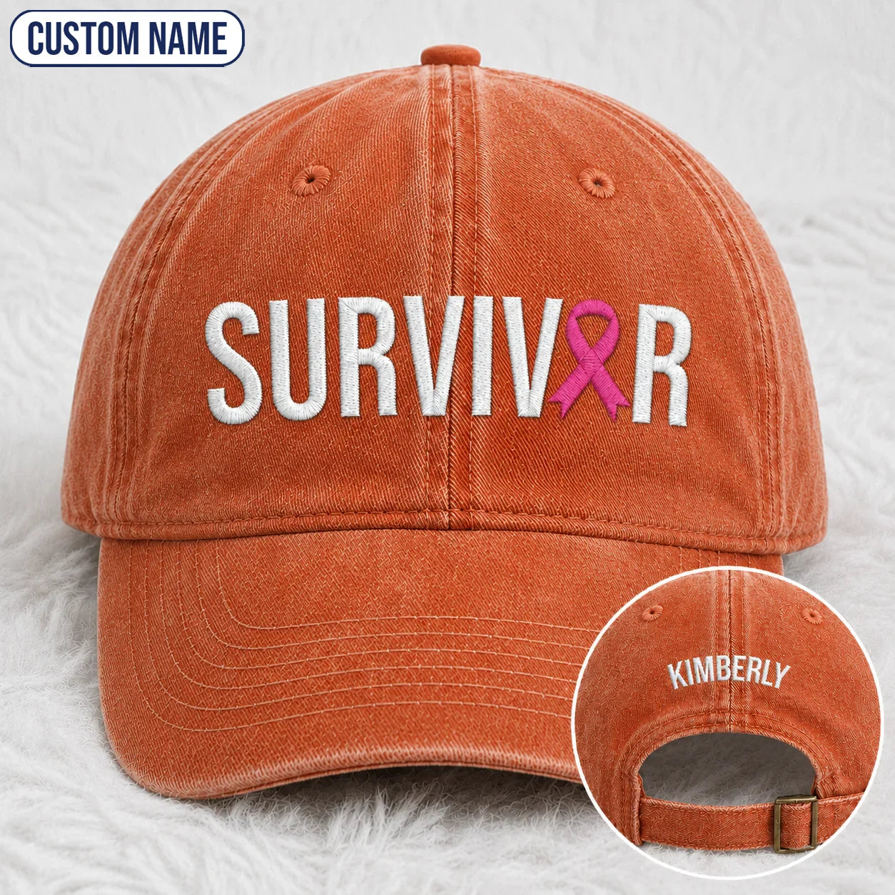 Personalized Survivor Pink Ribbon Embroidered Washed Cap, Awareness Gift