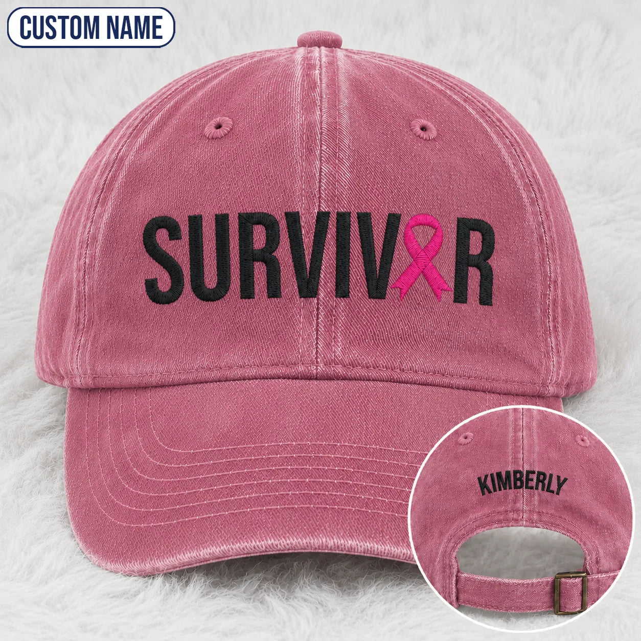 Personalized Survivor Pink Ribbon Embroidered Washed Cap, Awareness Gift
