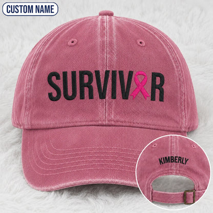 Personalized Survivor Pink Ribbon Embroidered Washed Cap, Awareness Gift