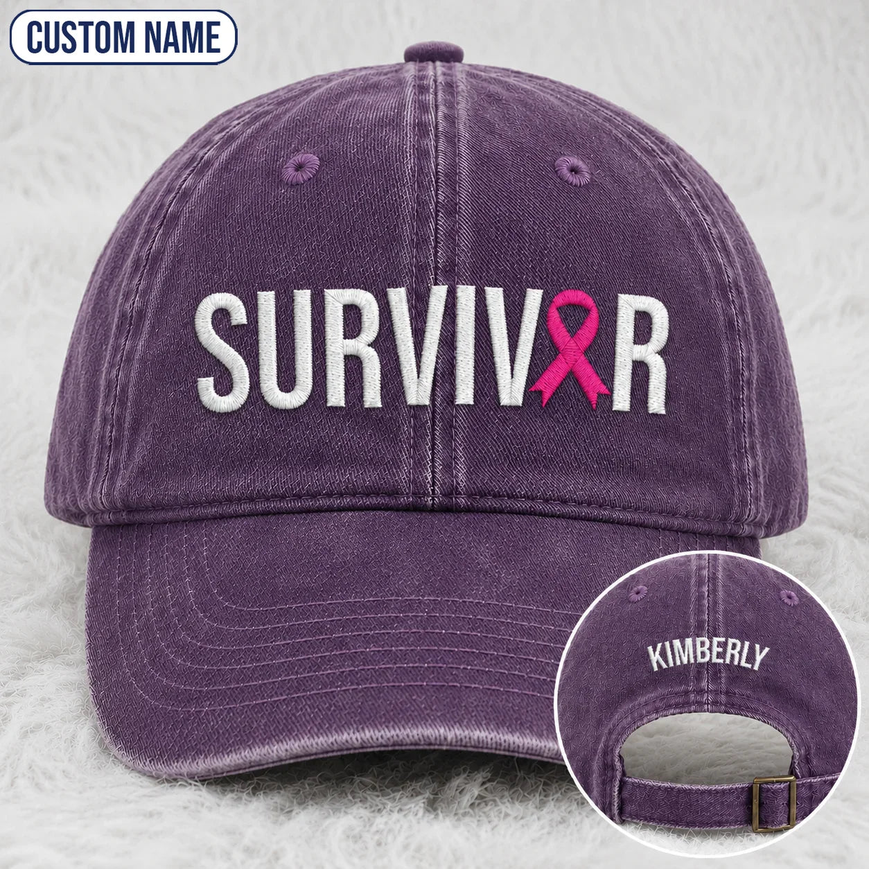 Personalized Survivor Pink Ribbon Embroidered Washed Cap, Awareness Gift