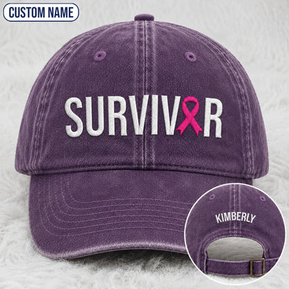 Personalized Survivor Pink Ribbon Embroidered Washed Cap, Awareness Gift