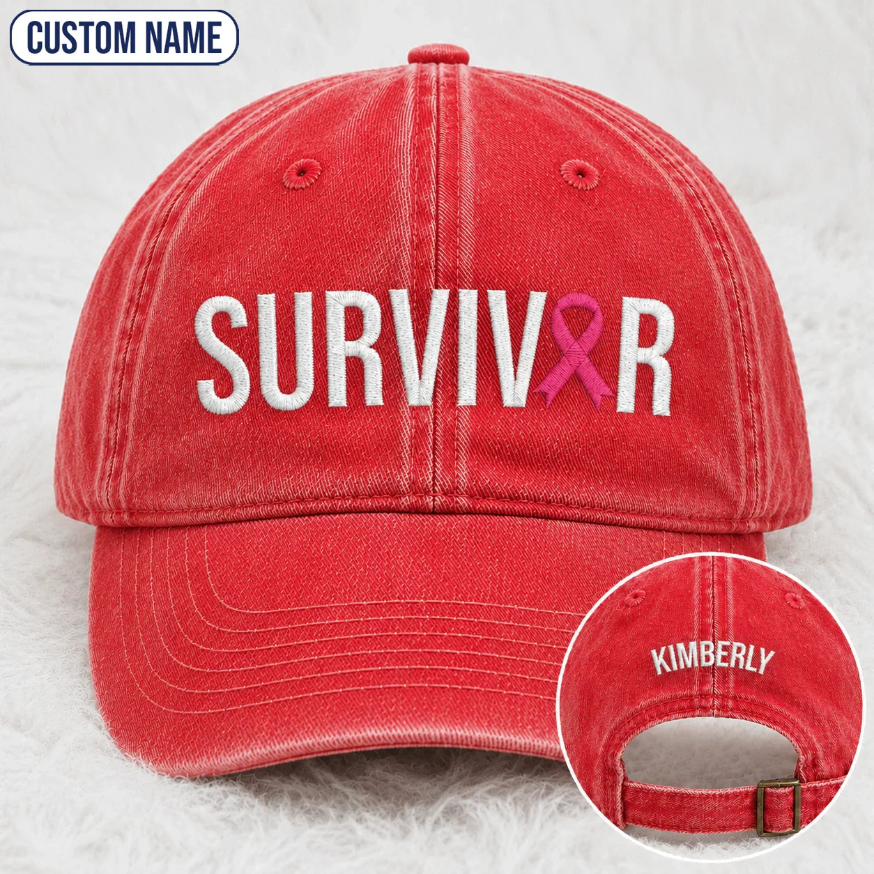 Personalized Survivor Pink Ribbon Embroidered Washed Cap, Awareness Gift