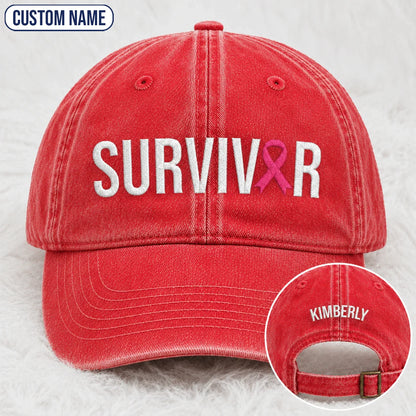Personalized Survivor Pink Ribbon Embroidered Washed Cap, Awareness Gift