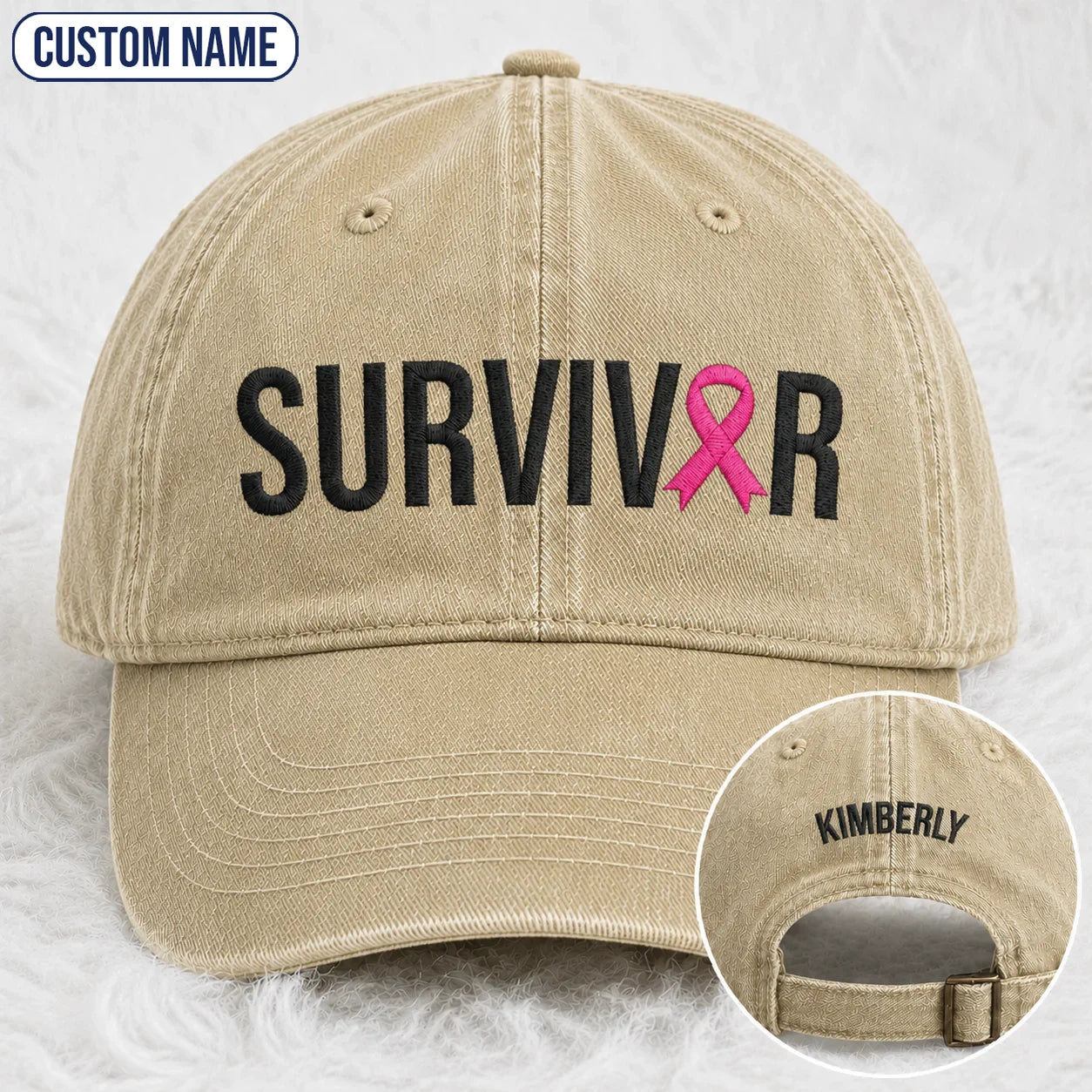 Personalized Survivor Pink Ribbon Embroidered Washed Cap, Awareness Gift