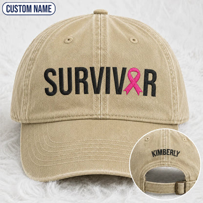 Personalized Survivor Pink Ribbon Embroidered Washed Cap, Awareness Gift