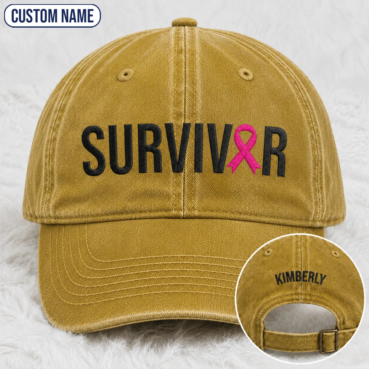 Personalized Survivor Pink Ribbon Embroidered Washed Cap, Awareness Gift