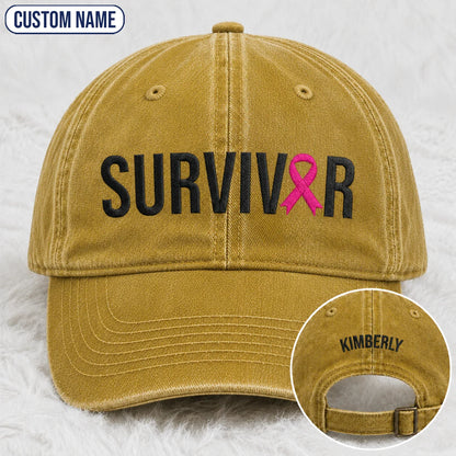 Personalized Survivor Pink Ribbon Embroidered Washed Cap, Awareness Gift