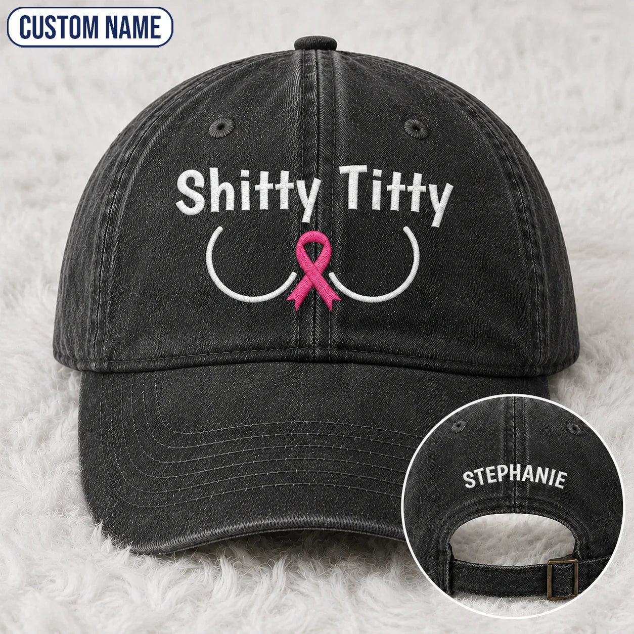 Personalized Pink Ribbon Humor Embroidered Washed Cap, Awareness Gift