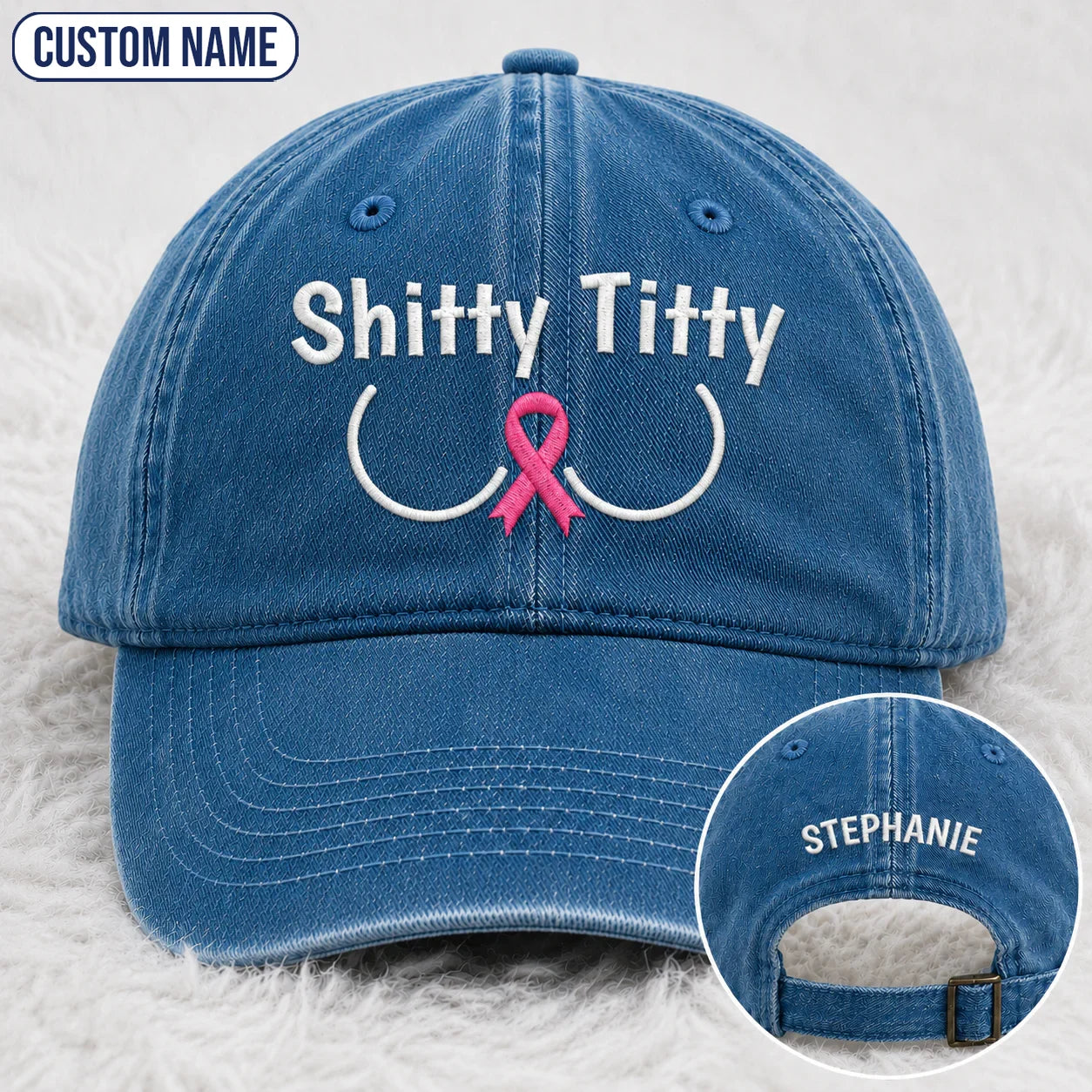 Personalized Pink Ribbon Humor Embroidered Washed Cap, Awareness Gift