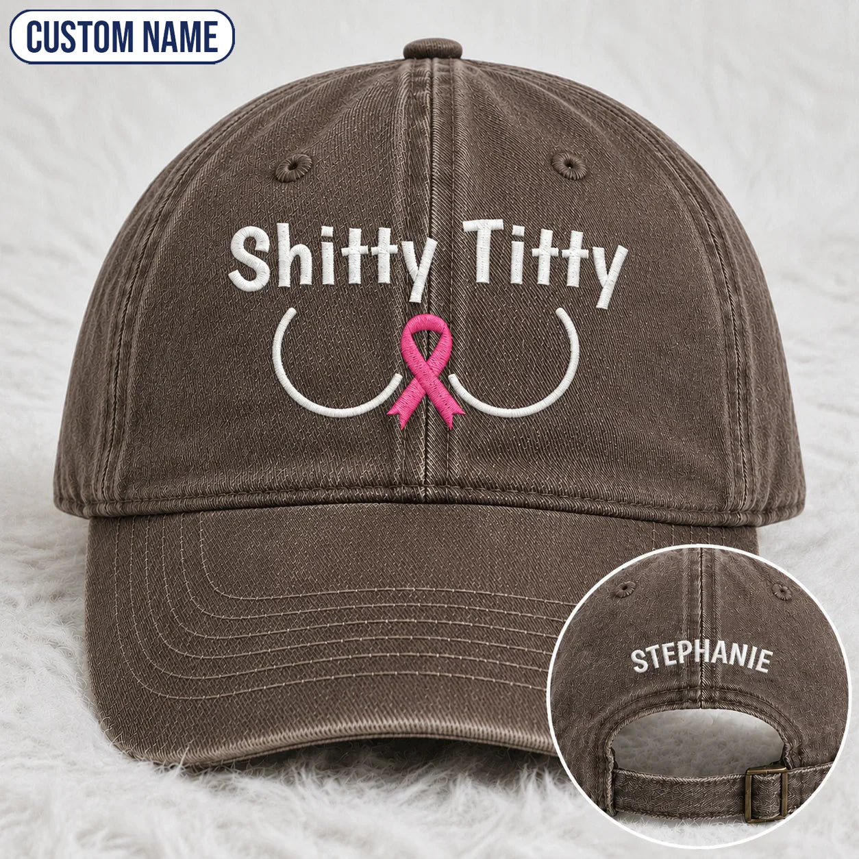 Personalized Pink Ribbon Humor Embroidered Washed Cap, Awareness Gift