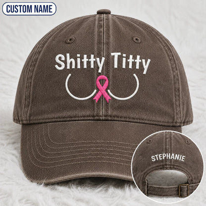 Personalized Pink Ribbon Humor Embroidered Washed Cap, Awareness Gift