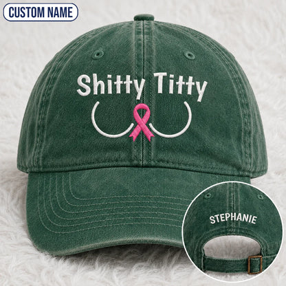 Personalized Pink Ribbon Humor Embroidered Washed Cap, Awareness Gift