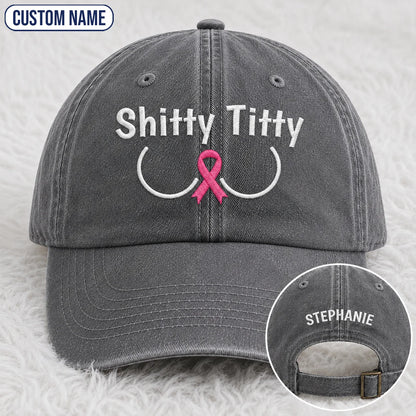 Personalized Pink Ribbon Humor Embroidered Washed Cap, Awareness Gift