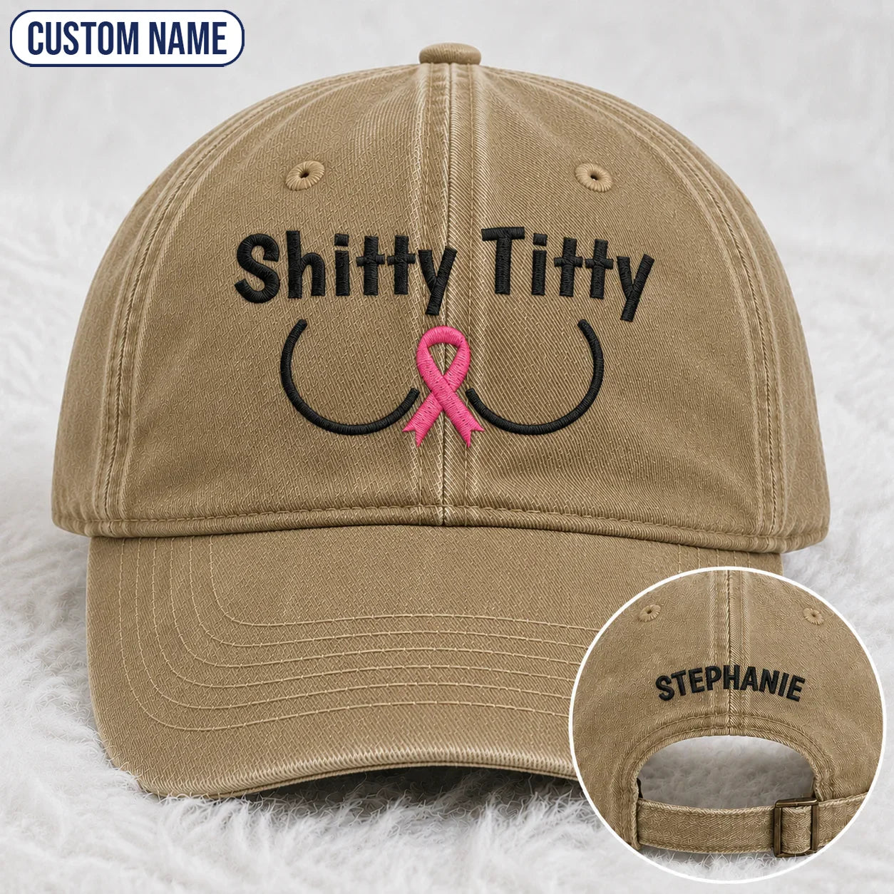 Personalized Pink Ribbon Humor Embroidered Washed Cap, Awareness Gift