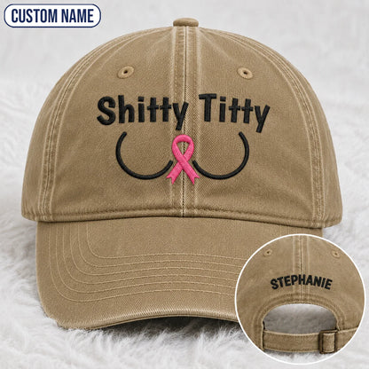 Personalized Pink Ribbon Humor Embroidered Washed Cap, Awareness Gift
