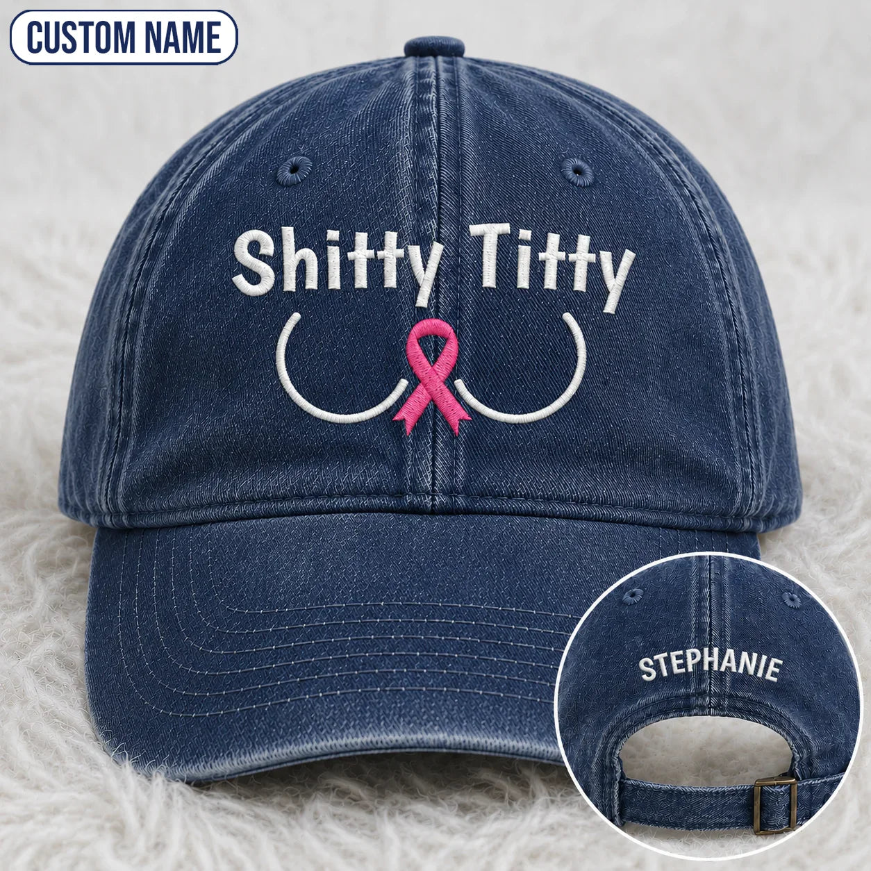 Personalized Pink Ribbon Humor Embroidered Washed Cap, Awareness Gift