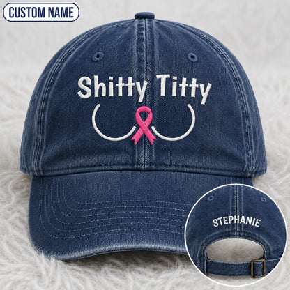 Personalized Pink Ribbon Humor Embroidered Washed Cap, Awareness Gift