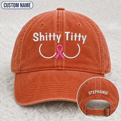 Personalized Pink Ribbon Humor Embroidered Washed Cap, Awareness Gift