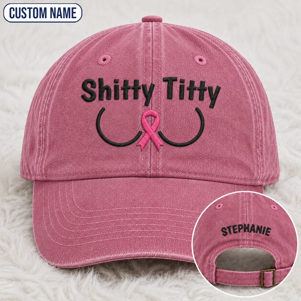 Personalized Pink Ribbon Humor Embroidered Washed Cap, Awareness Gift
