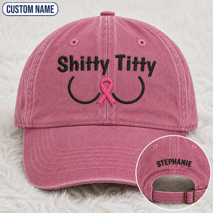 Personalized Pink Ribbon Humor Embroidered Washed Cap, Awareness Gift
