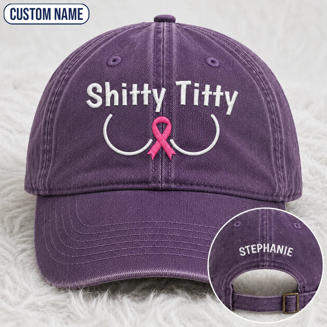 Personalized Pink Ribbon Humor Embroidered Washed Cap, Awareness Gift