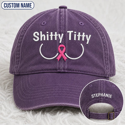 Personalized Pink Ribbon Humor Embroidered Washed Cap, Awareness Gift