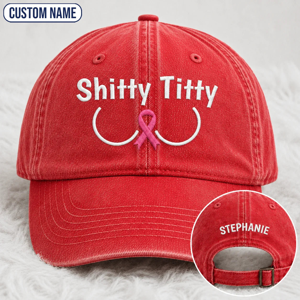 Personalized Pink Ribbon Humor Embroidered Washed Cap, Awareness Gift