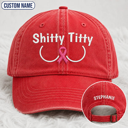 Personalized Pink Ribbon Humor Embroidered Washed Cap, Awareness Gift