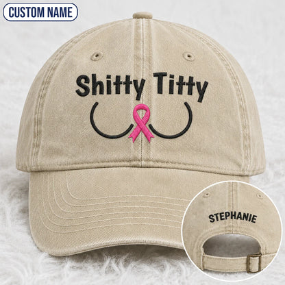 Personalized Pink Ribbon Humor Embroidered Washed Cap, Awareness Gift
