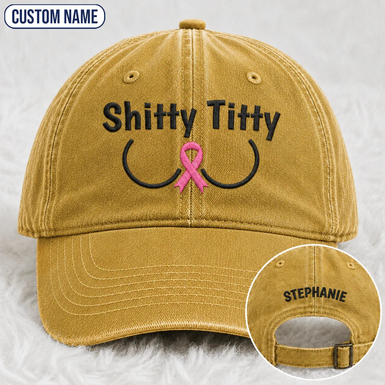 Personalized Pink Ribbon Humor Embroidered Washed Cap, Awareness Gift