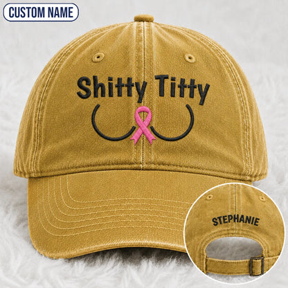 Personalized Pink Ribbon Humor Embroidered Washed Cap, Awareness Gift