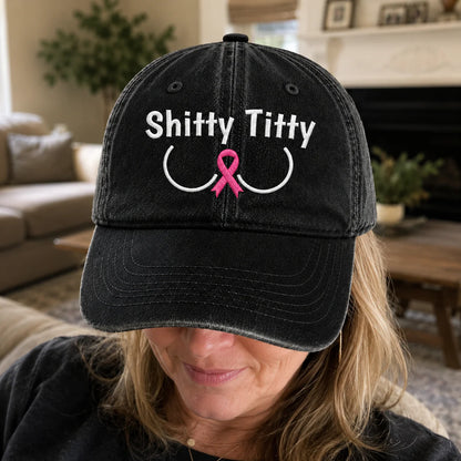Personalized Pink Ribbon Humor Embroidered Washed Cap, Awareness Gift