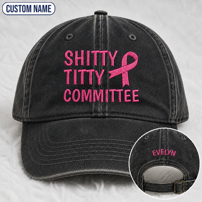 Personalized Pink Ribbon Committee Embroidered Washed Cap, Awareness Gift