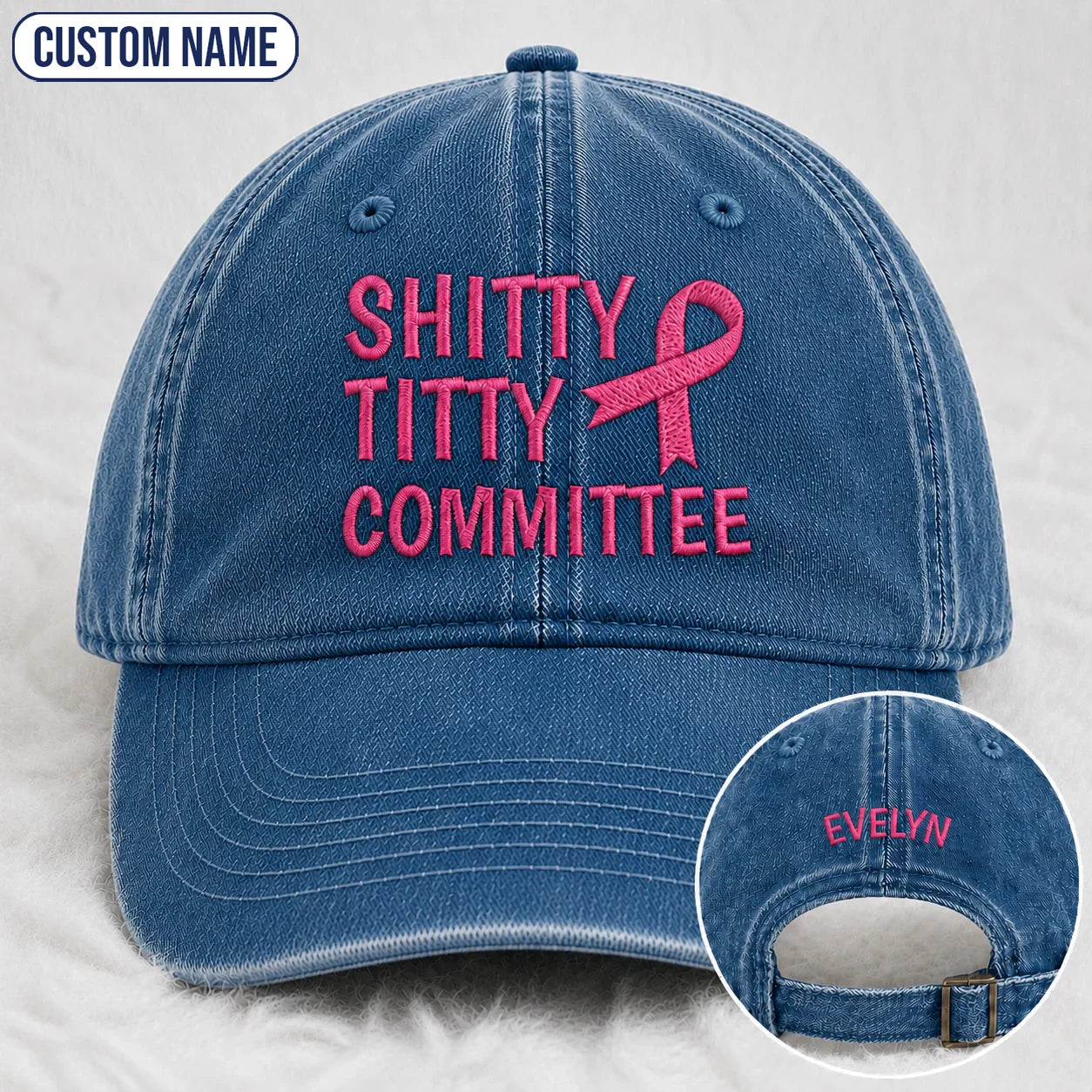 Personalized Pink Ribbon Committee Embroidered Washed Cap, Awareness Gift