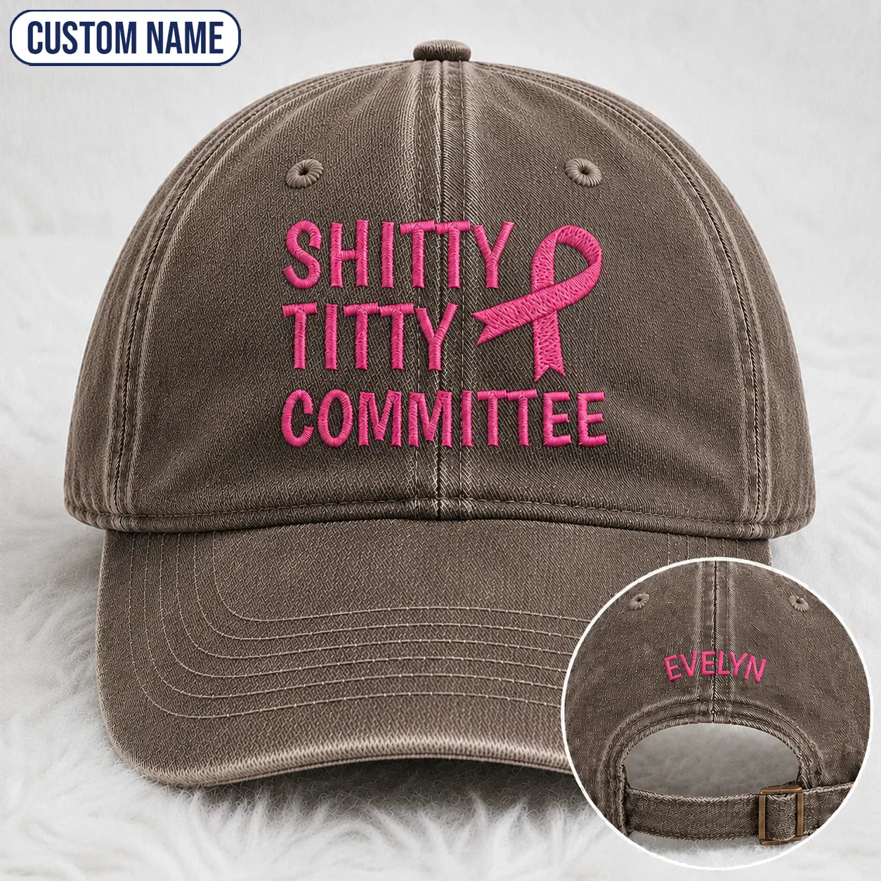 Personalized Pink Ribbon Committee Embroidered Washed Cap, Awareness Gift