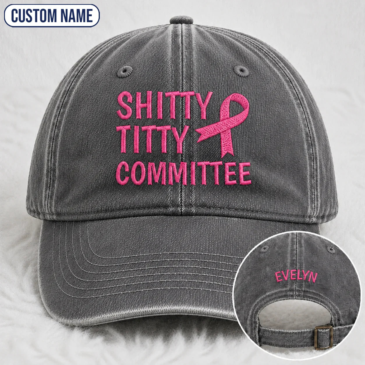Personalized Pink Ribbon Committee Embroidered Washed Cap, Awareness Gift