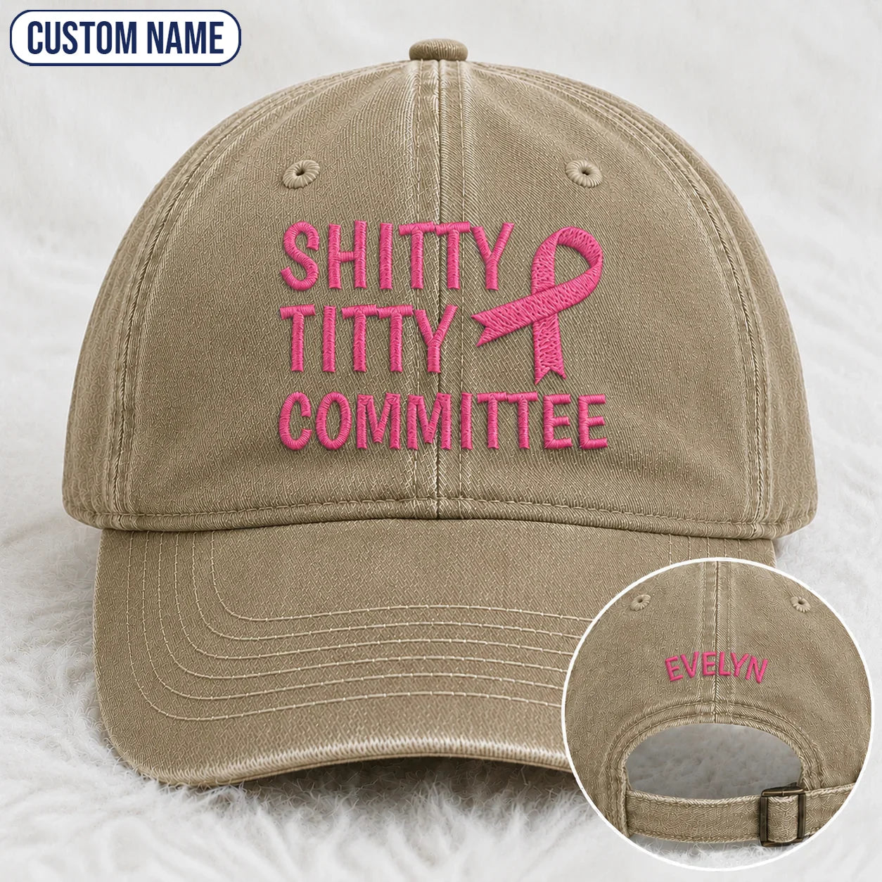 Personalized Pink Ribbon Committee Embroidered Washed Cap, Awareness Gift