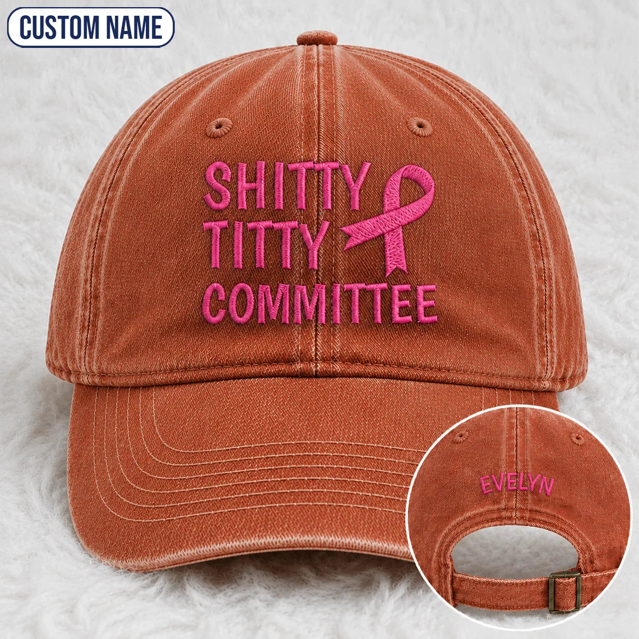 Personalized Pink Ribbon Committee Embroidered Washed Cap, Awareness Gift