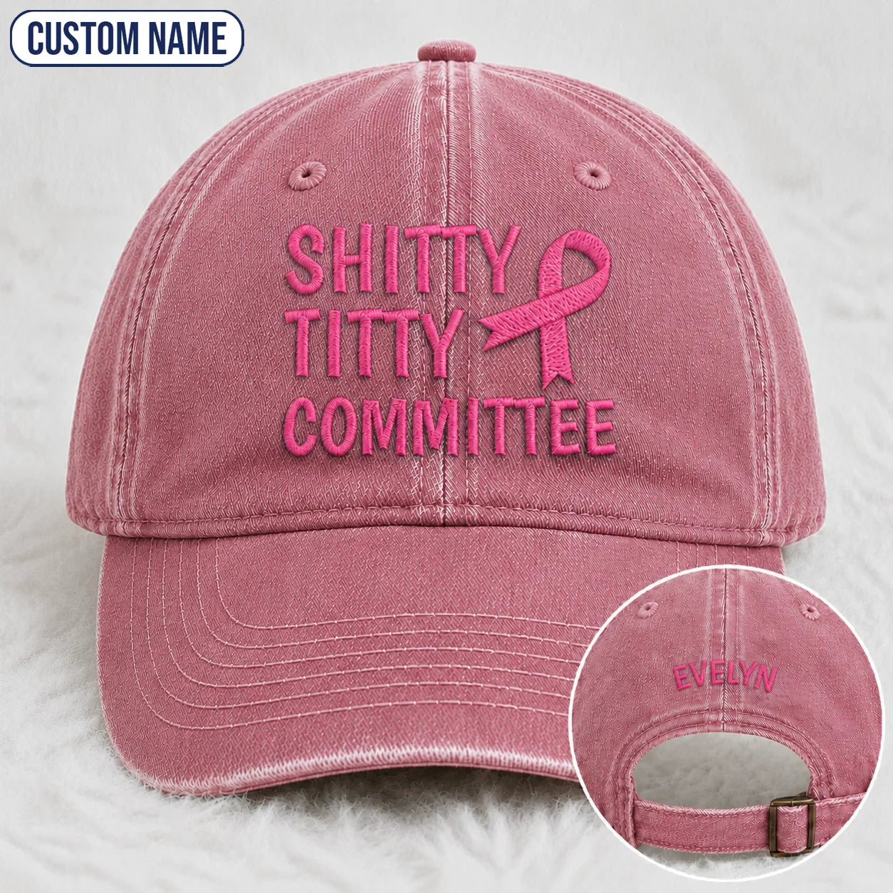 Personalized Pink Ribbon Committee Embroidered Washed Cap, Awareness Gift