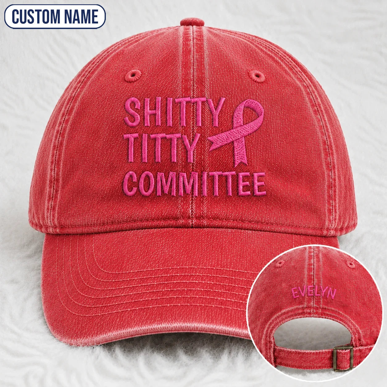 Personalized Pink Ribbon Committee Embroidered Washed Cap, Awareness Gift
