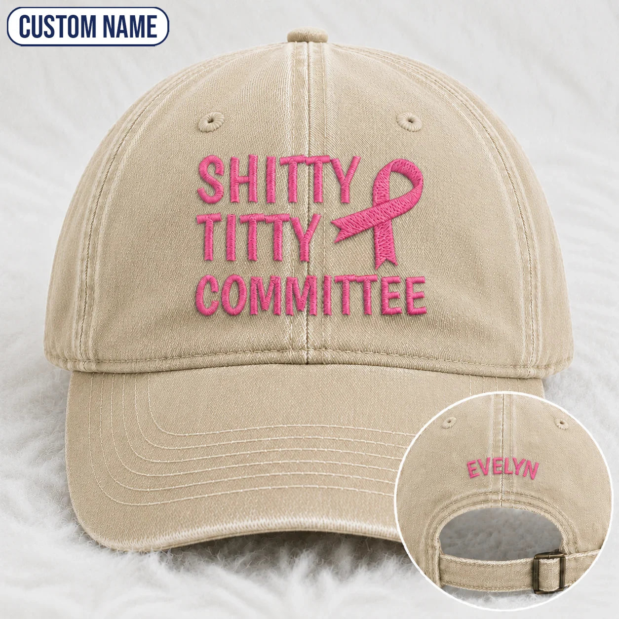 Personalized Pink Ribbon Committee Embroidered Washed Cap, Awareness Gift