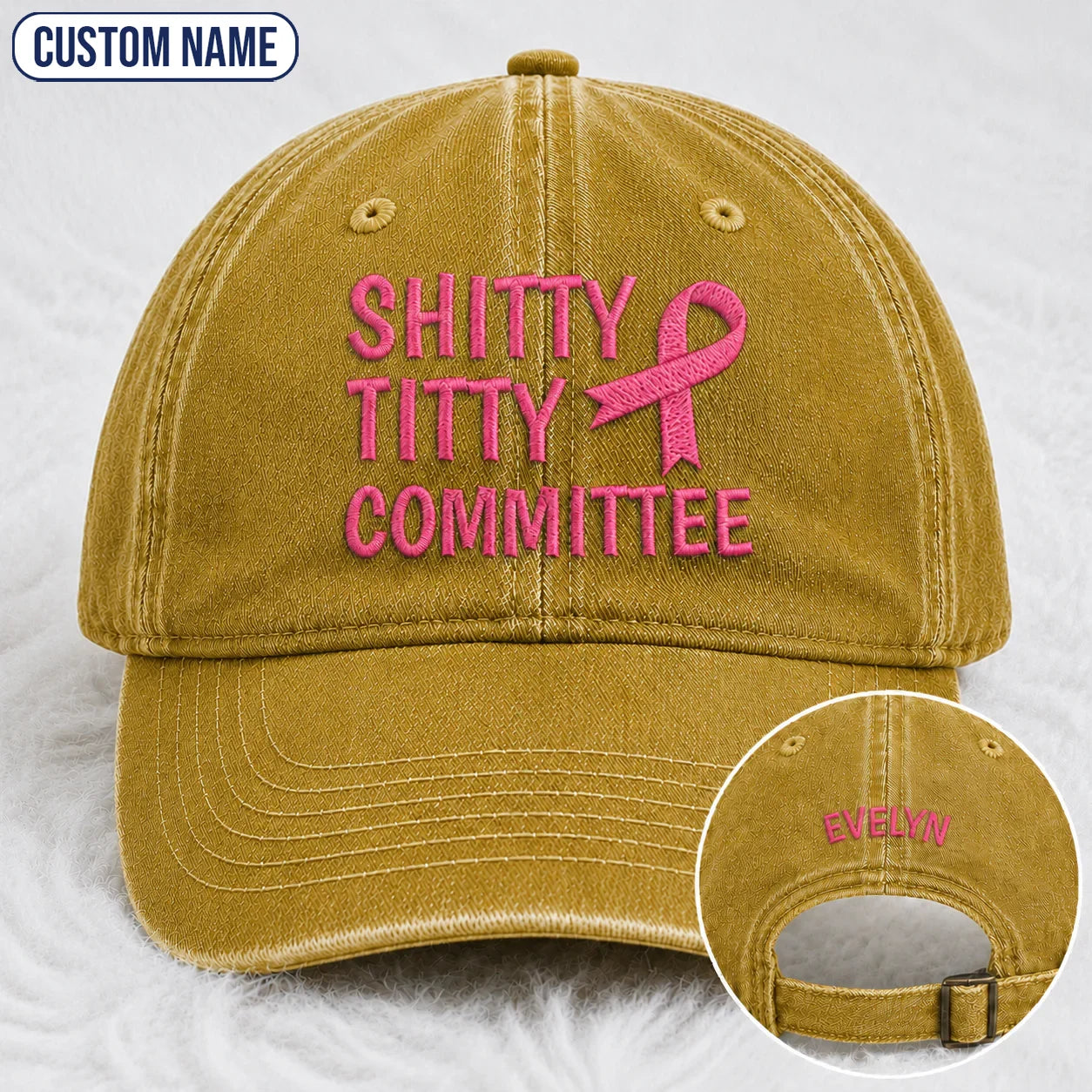 Personalized Pink Ribbon Committee Embroidered Washed Cap, Awareness Gift