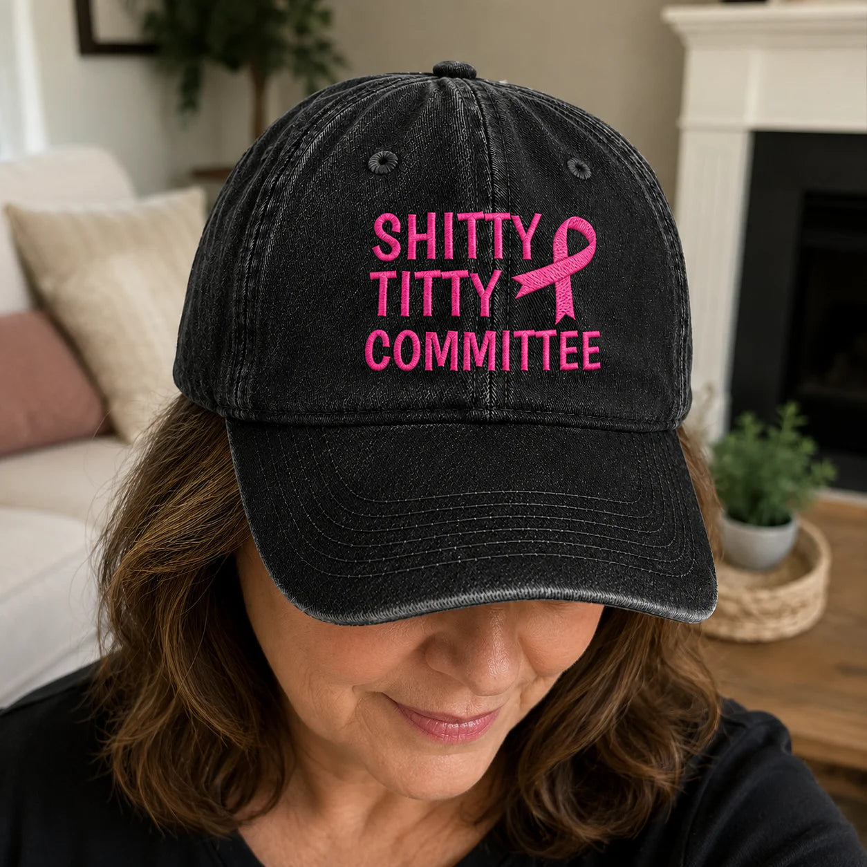 Personalized Pink Ribbon Committee Embroidered Washed Cap, Awareness Gift